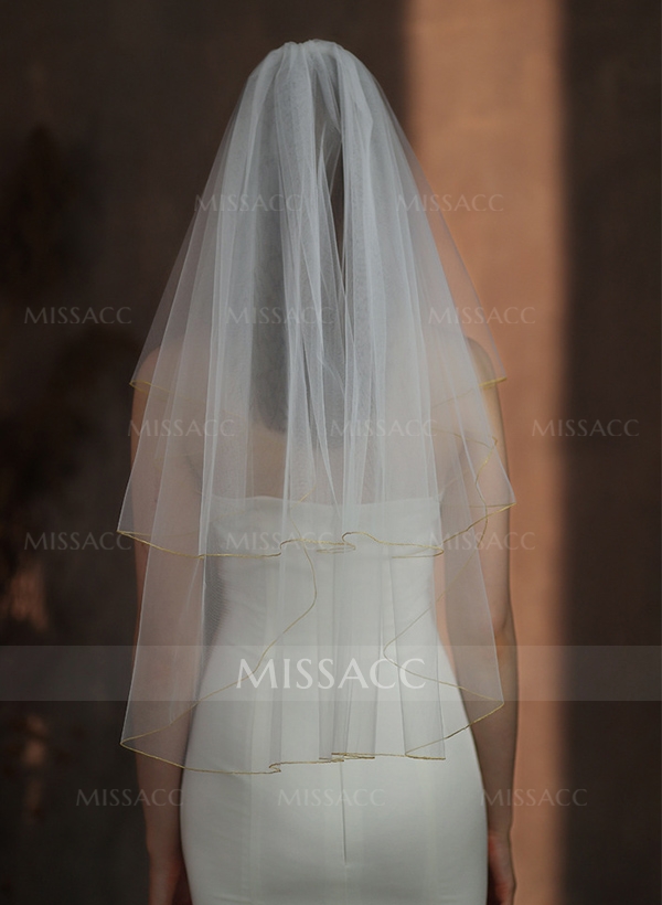 Simple Gold Edge Two Tier Tulle Bridal Elbow Length Wedding Veil