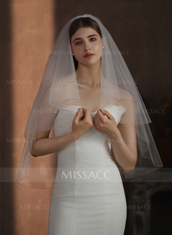 Simple Gold Edge Two Tier Tulle Bridal Elbow Length Wedding Veil