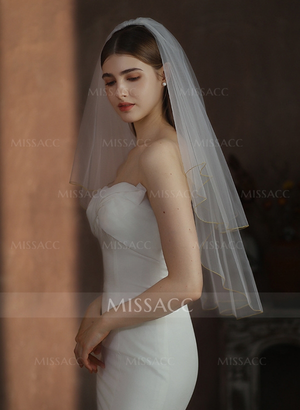 Simple Gold Edge Two Tier Tulle Bridal Elbow Length Wedding Veil