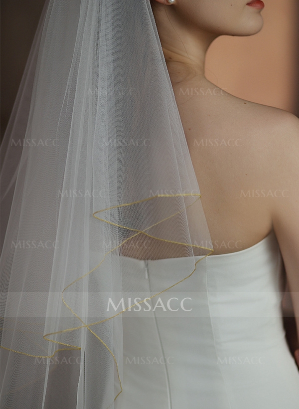 Simple Gold Edge Two Tier Tulle Bridal Elbow Length Wedding Veil