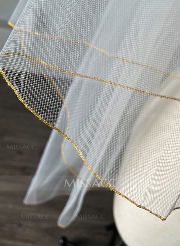 Simple Gold Edge Two Tier Tulle Bridal Elbow Length Wedding Veil