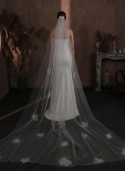 Cut Edge Single Tier Tulle Bridal Chapel Length Wedding Veil With Floral