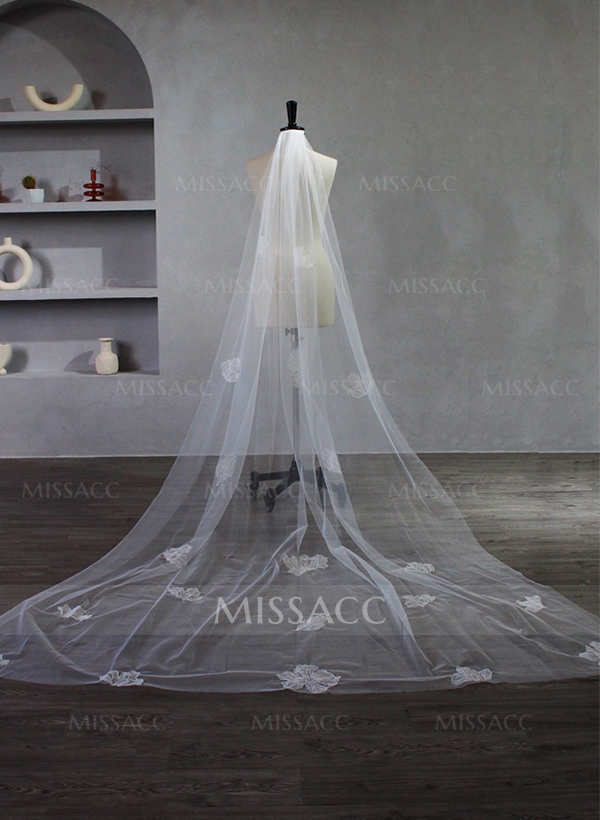 Cut Edge Single Tier Tulle Bridal Chapel Length Wedding Veil With Floral