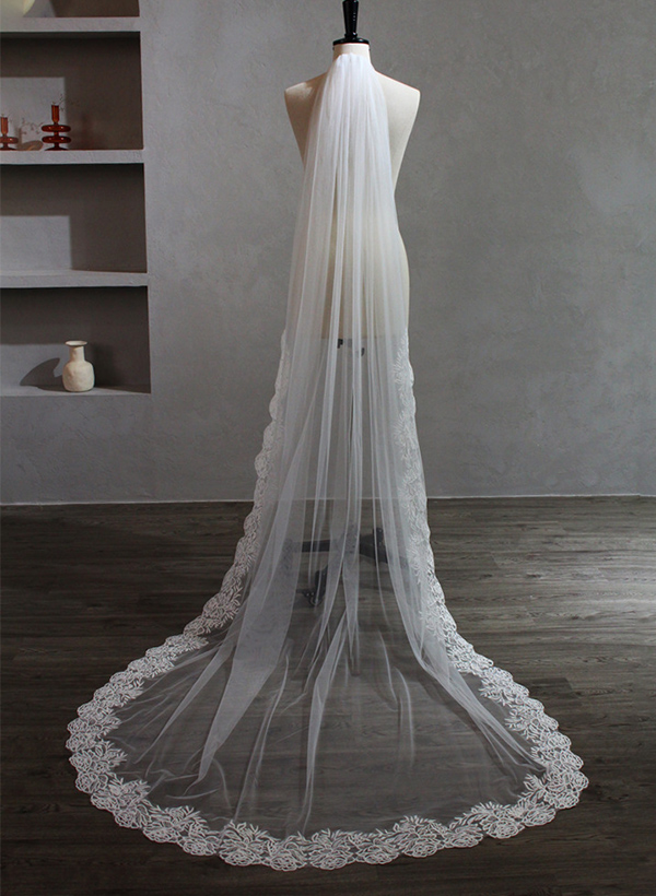 Lace Edge Single Tier Tulle Bridal Chapel Length Wedding Veil