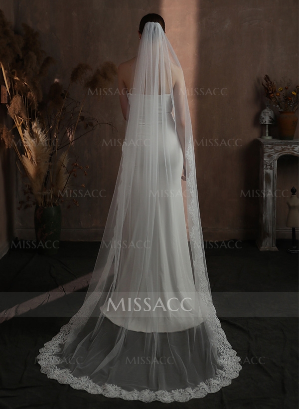 Lace Edge Single Tier Tulle Bridal Chapel Length Wedding Veil