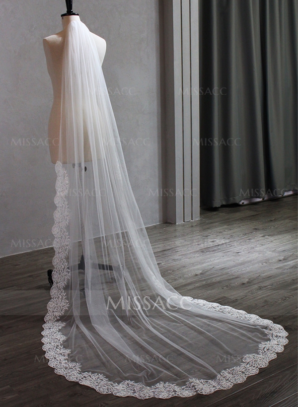 Lace Edge Single Tier Tulle Bridal Chapel Length Wedding Veil