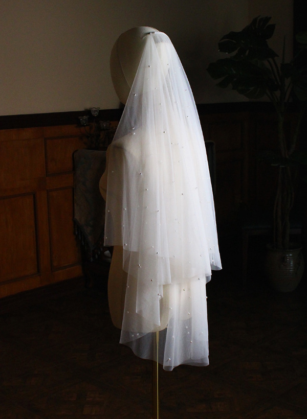 Simple Cut Edge Two Tier Tulle Bridal Fingertip Length Wedding Veil