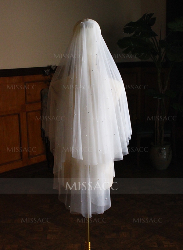 Simple Cut Edge Two Tier Tulle Bridal Fingertip Length Wedding Veil