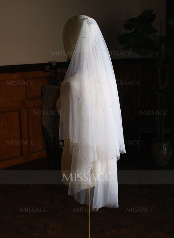 Simple Cut Edge Two Tier Tulle Bridal Fingertip Length Wedding Veil