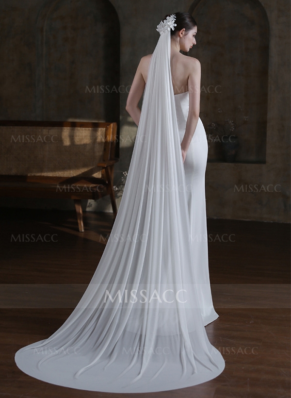 Simple Cut Edge One Tier Tulle Bridal Cathedral Length Wedding Veil With Floral