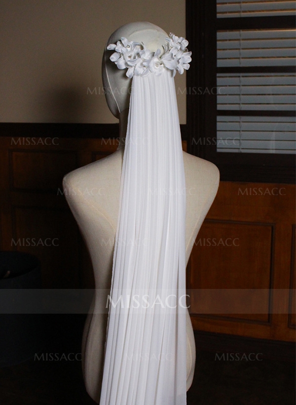 Simple Cut Edge One Tier Tulle Bridal Cathedral Length Wedding Veil With Floral