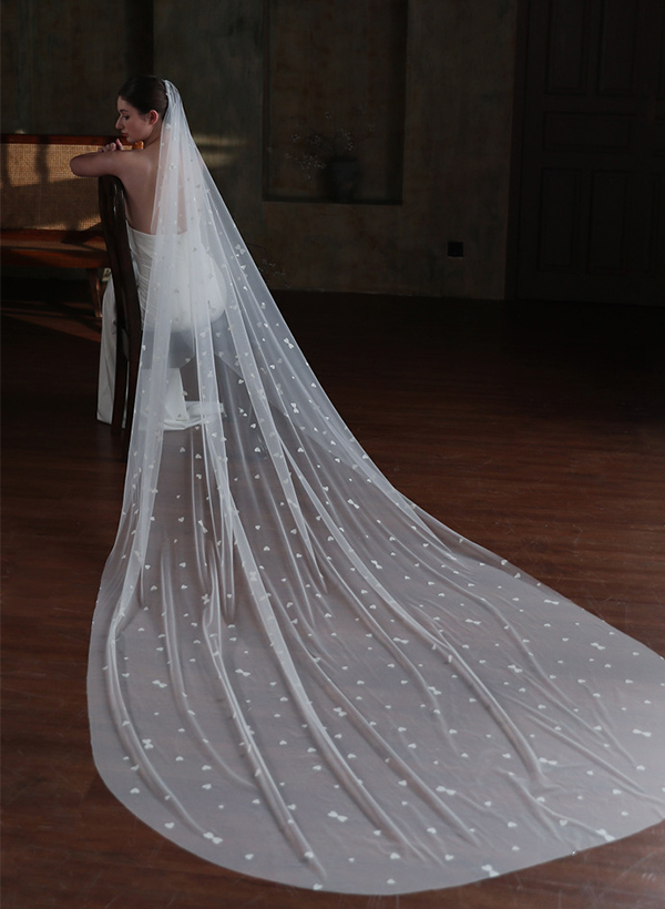 Simple Cut Edge Single Tier Tulle Bridal Cathedral Length Wedding Veil