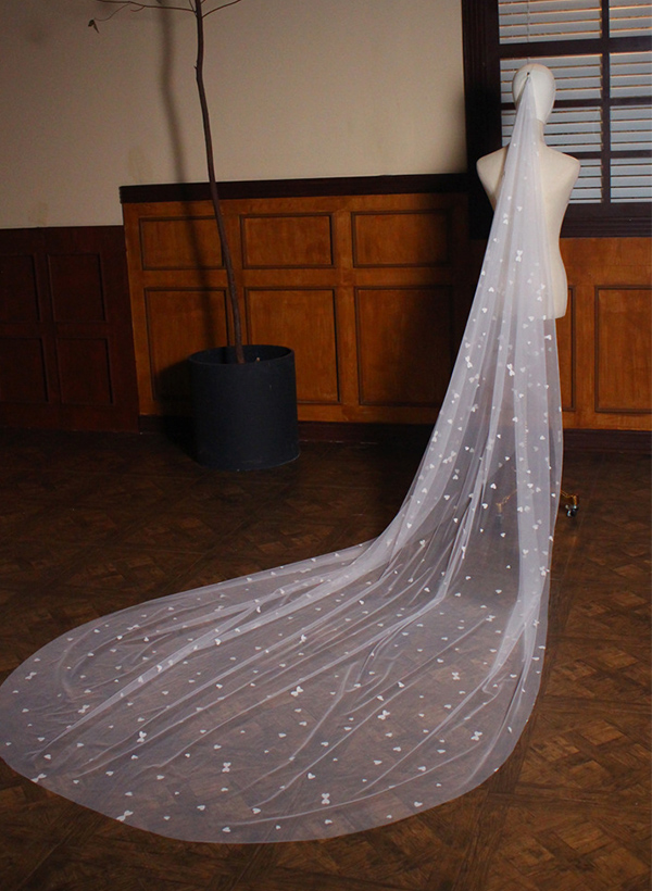 Simple Cut Edge Single Tier Tulle Bridal Cathedral Length Wedding Veil