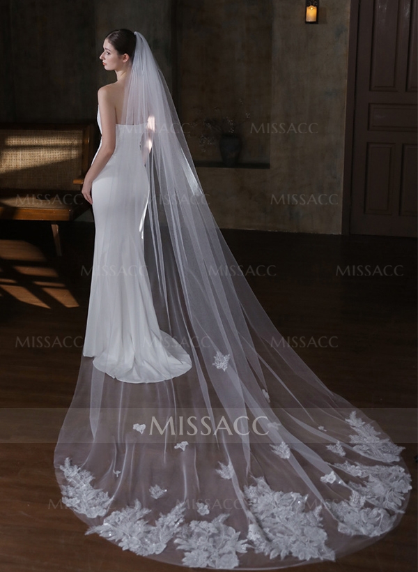 Lace Edge Single Tier Tulle Bridal Cathedral Length Wedding Veil