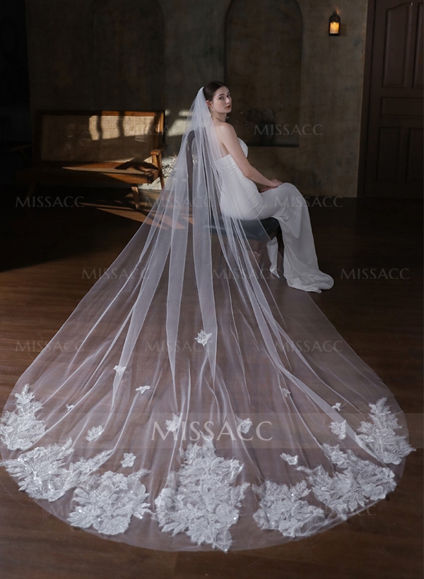 Lace Edge Single Tier Tulle Bridal Cathedral Length Wedding Veil