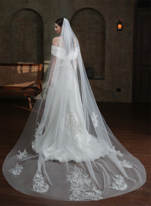 Cut Edge Single Tier Tulle Bridal Cathedral Length Wedding Veil