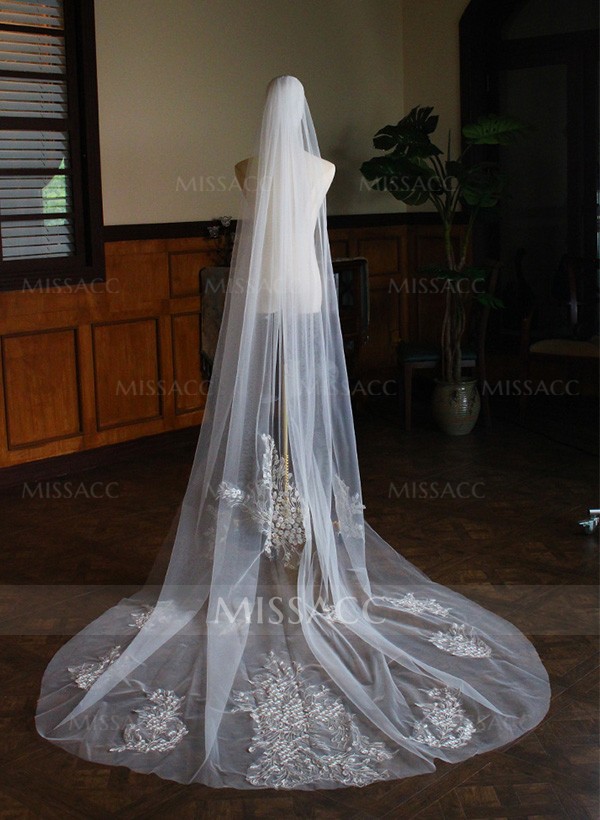 Cut Edge Single Tier Tulle Bridal Cathedral Length Wedding Veil