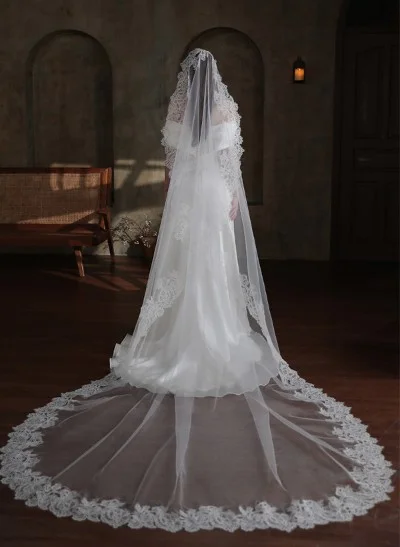 Lace Edge Single Tier Tulle Bridal Cathedral Length Wedding Veil