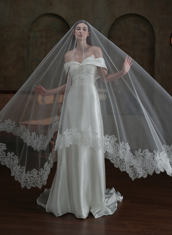 Lace Edge Single Tier Tulle Bridal Cathedral Length Wedding Veil