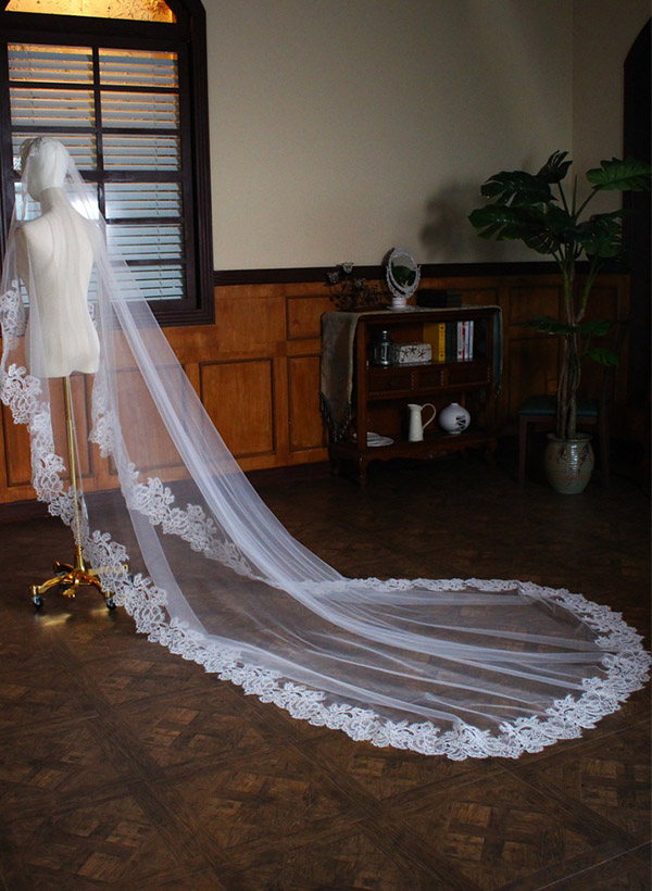 Lace Edge Single Tier Tulle Bridal Cathedral Length Wedding Veil