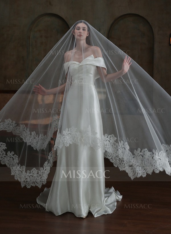 Lace Edge Single Tier Tulle Bridal Cathedral Length Wedding Veil