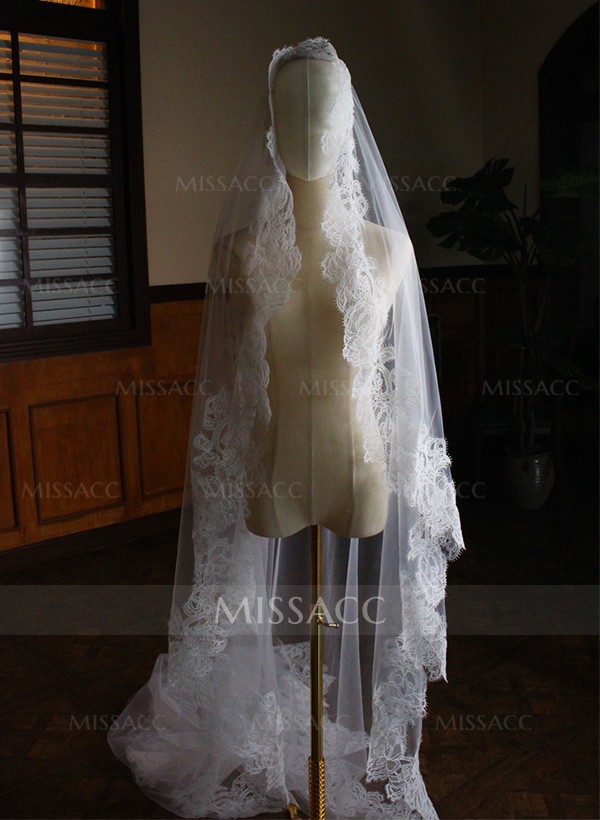 Lace Edge Single Tier Tulle Bridal Cathedral Length Wedding Veil