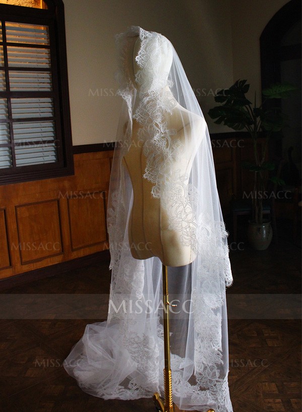 Lace Edge Single Tier Tulle Bridal Cathedral Length Wedding Veil