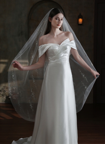 Sequin Cut Edge Single Tier Tulle Bridal Fingertip Length Wedding Veil