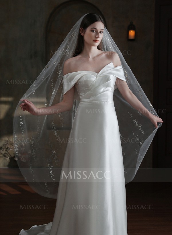 Sequin Cut Edge Single Tier Tulle Bridal Fingertip Length Wedding Veil