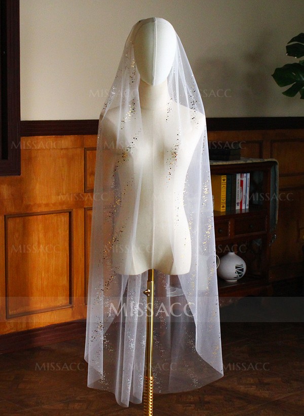 Sequin Cut Edge Single Tier Tulle Bridal Fingertip Length Wedding Veil