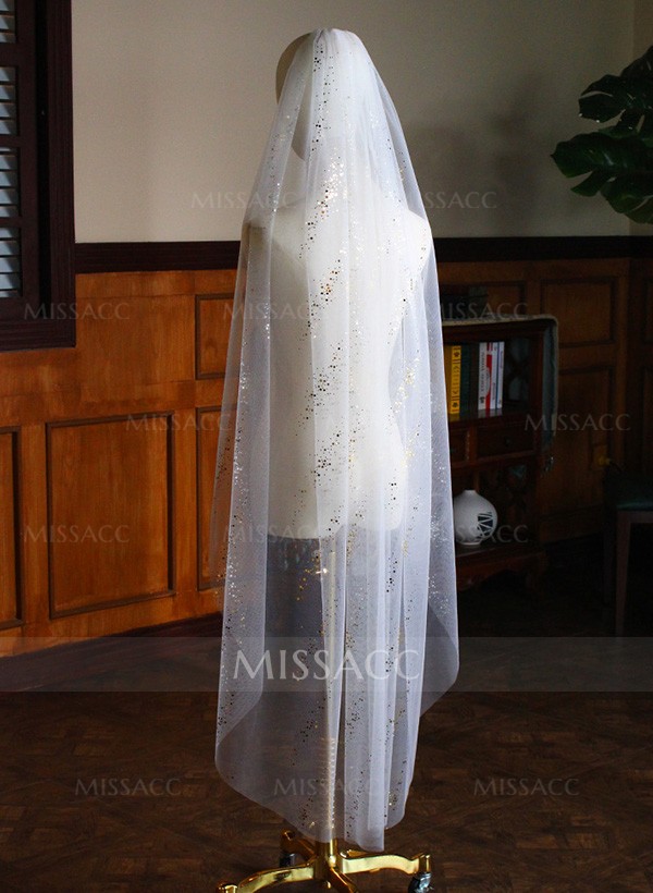 Sequin Cut Edge Single Tier Tulle Bridal Fingertip Length Wedding Veil