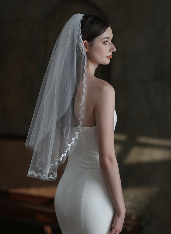 Leaf Lace Edge Single Tier Tulle Bridal Elbow Length Wedding Veil