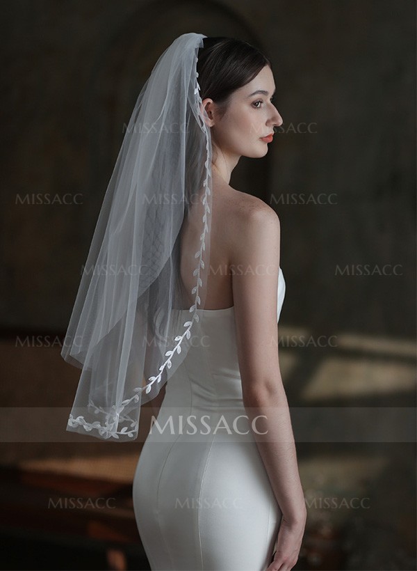 Leaf Lace Edge Single Tier Tulle Bridal Elbow Length Wedding Veil