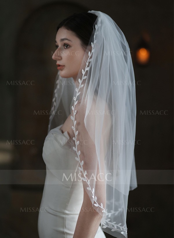 Leaf Lace Edge Single Tier Tulle Bridal Elbow Length Wedding Veil