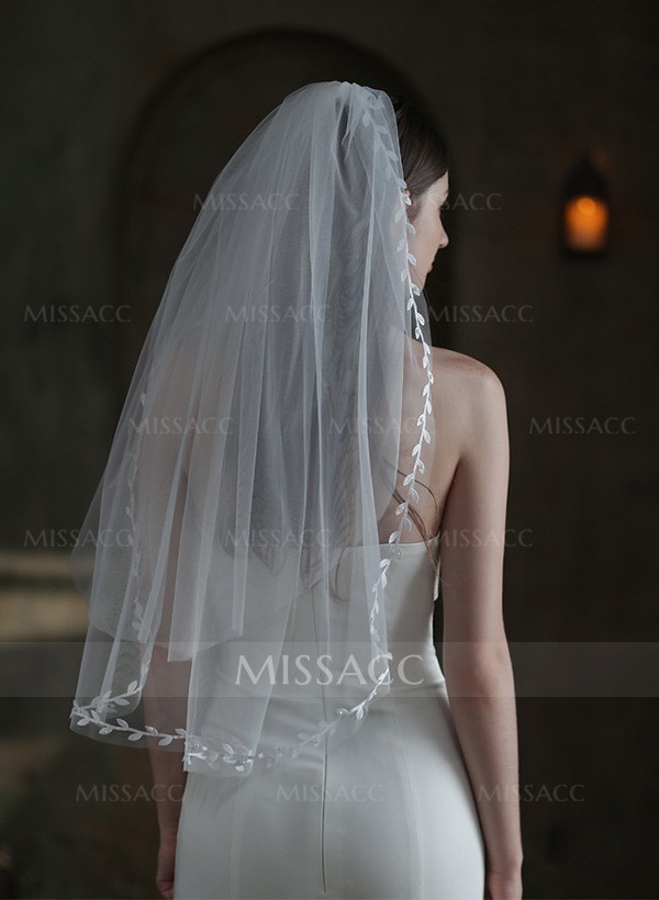 Leaf Lace Edge Single Tier Tulle Bridal Elbow Length Wedding Veil