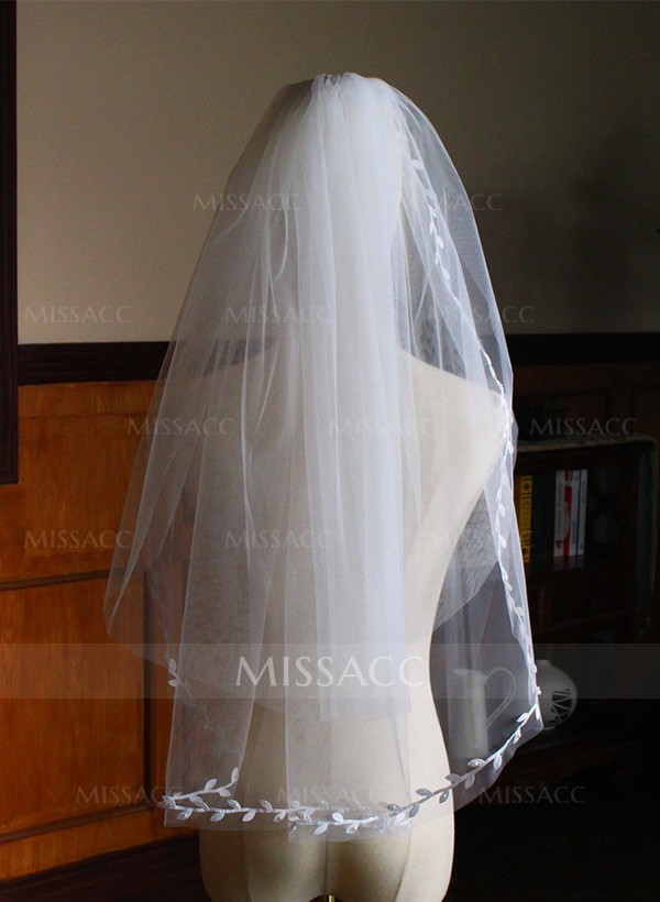 Leaf Lace Edge Single Tier Tulle Bridal Elbow Length Wedding Veil