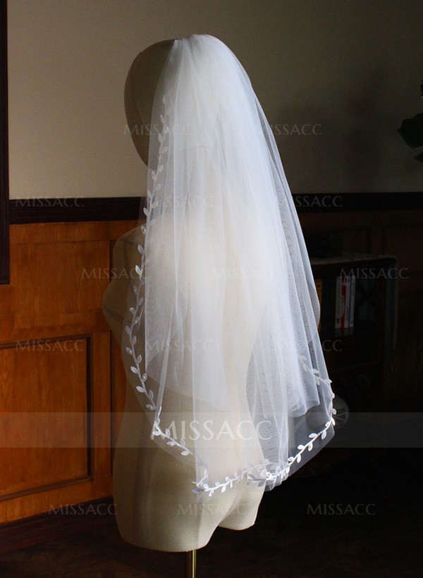 Leaf Lace Edge Single Tier Tulle Bridal Elbow Length Wedding Veil