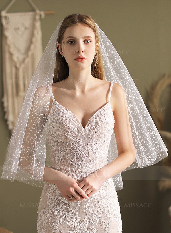 Cut Edge Single Tier Tulle Bridal Elbow Length Wedding Veils