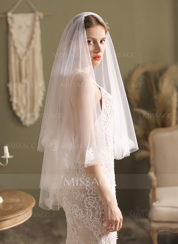 Cut Edge Two Tier Tulle Bridal Fingertip Length Wedding Veil With Floral