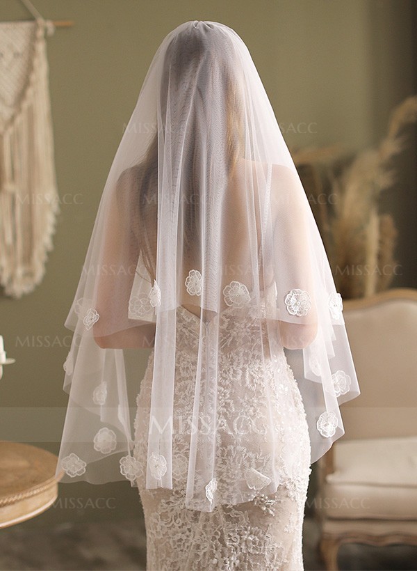 Cut Edge Two Tier Tulle Bridal Fingertip Length Wedding Veil With Floral