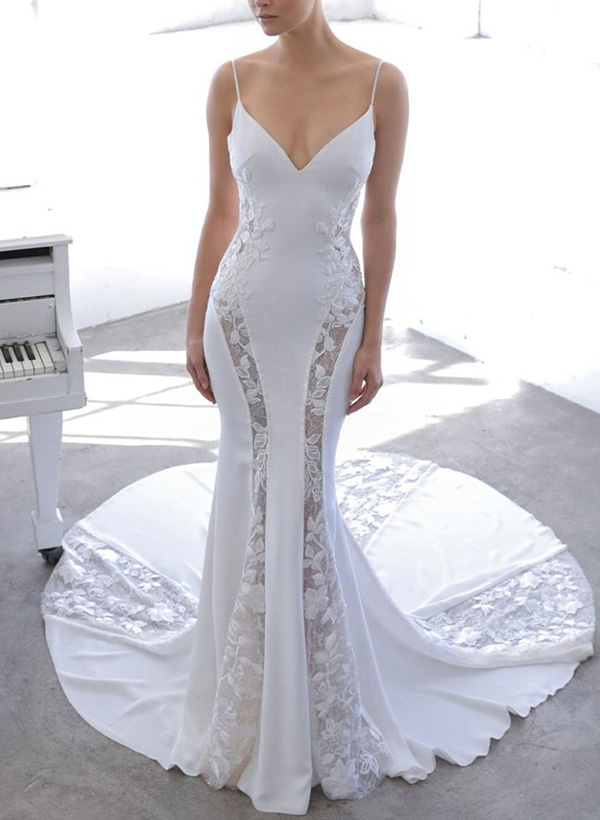 Trumpet/Mermaid V-Neck Lace Wedding Dresses With Appliques Lace