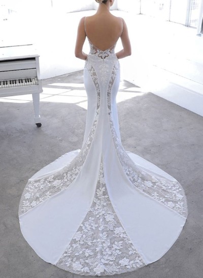 Trumpet/Mermaid V-Neck Lace Wedding Dresses With Appliques Lace