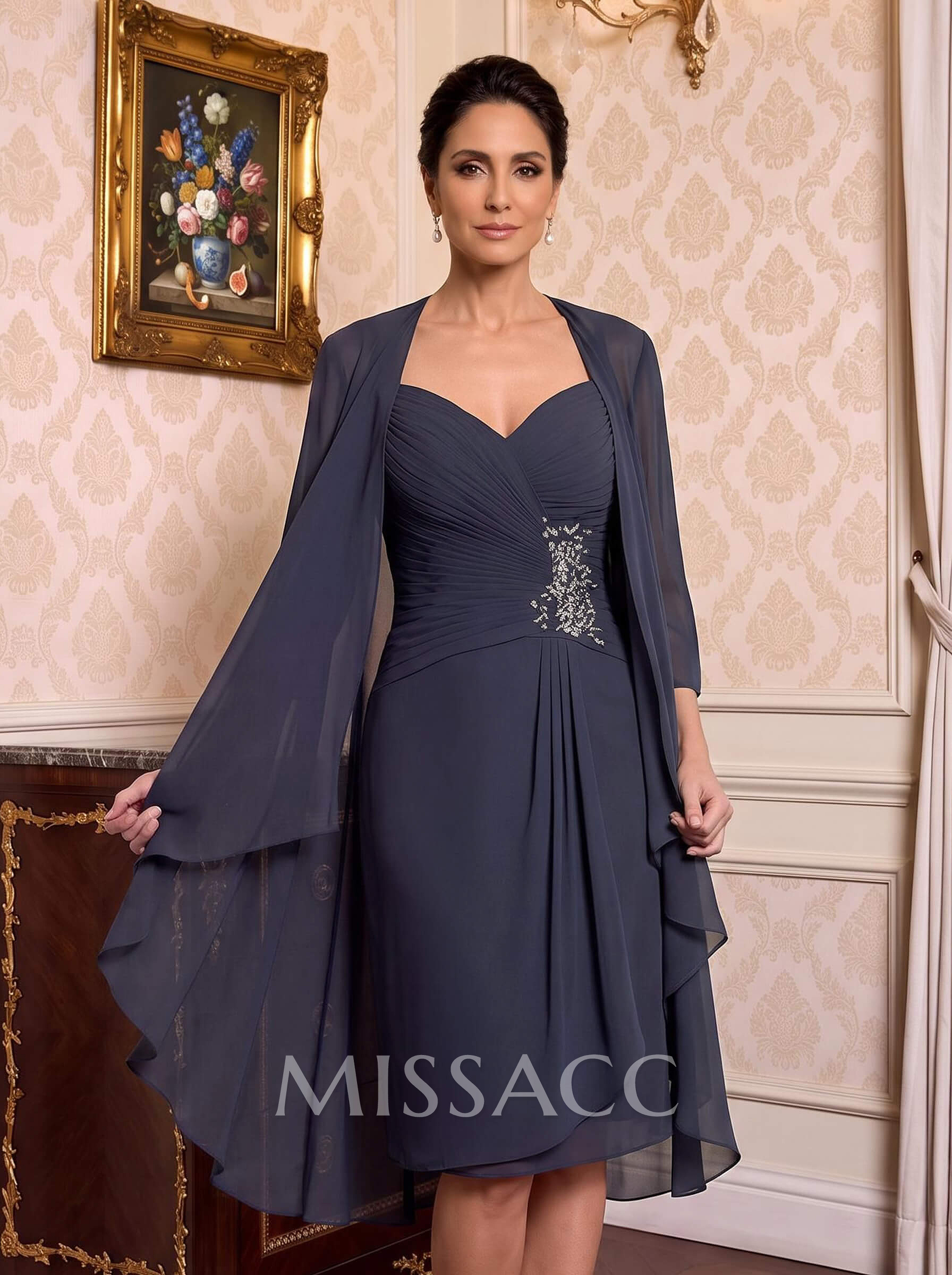 Open Front Knee-Length 3/4 Sleeves Chiffon Jacket