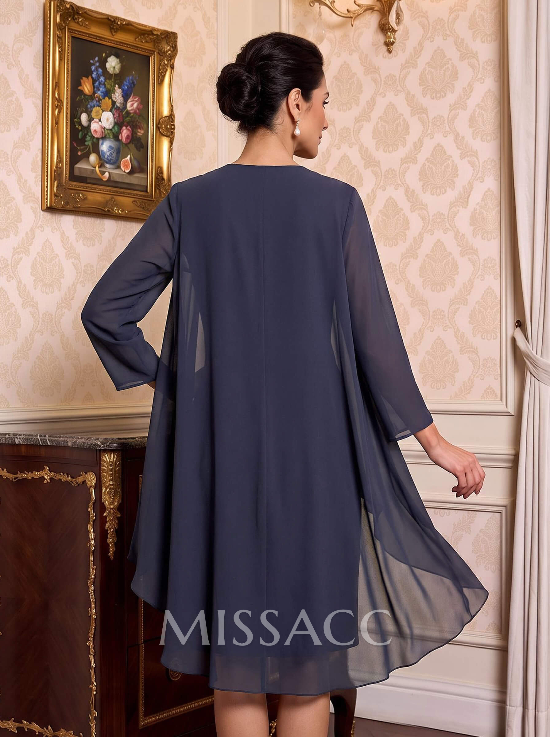 Open Front Knee-Length 3/4 Sleeves Chiffon Jacket