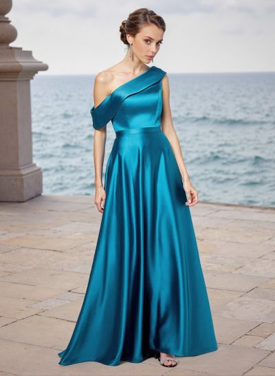 A-Line Asymmetrical Sleeveless Floor-Length Satin Bridesmaid Dresses