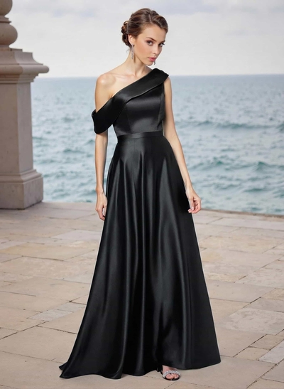 A-Line Asymmetrical Sleeveless Floor-Length Satin Bridesmaid Dresses
