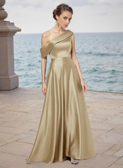 A-Line Asymmetrical Sleeveless Floor-Length Satin Bridesmaid Dresses