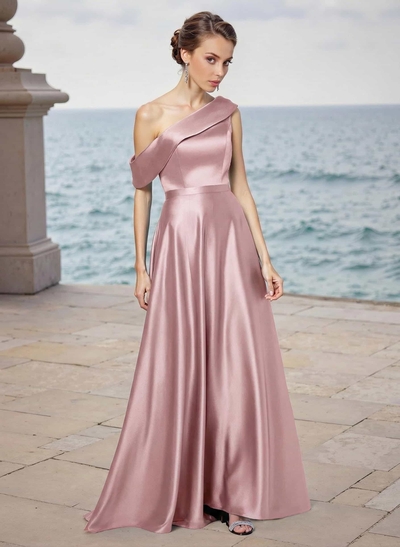 A-Line Asymmetrical Sleeveless Floor-Length Satin Bridesmaid Dresses