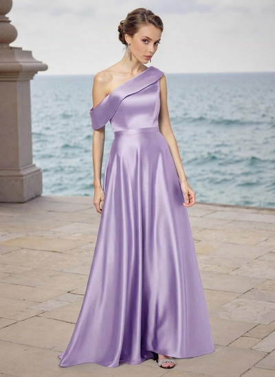 A-Line Asymmetrical Sleeveless Floor-Length Satin Bridesmaid Dresses
