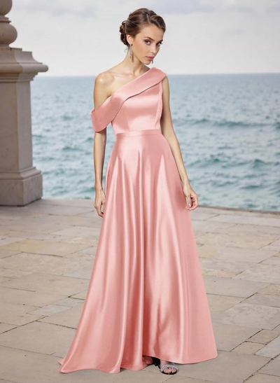 A-Line Asymmetrical Sleeveless Floor-Length Satin Bridesmaid Dresses